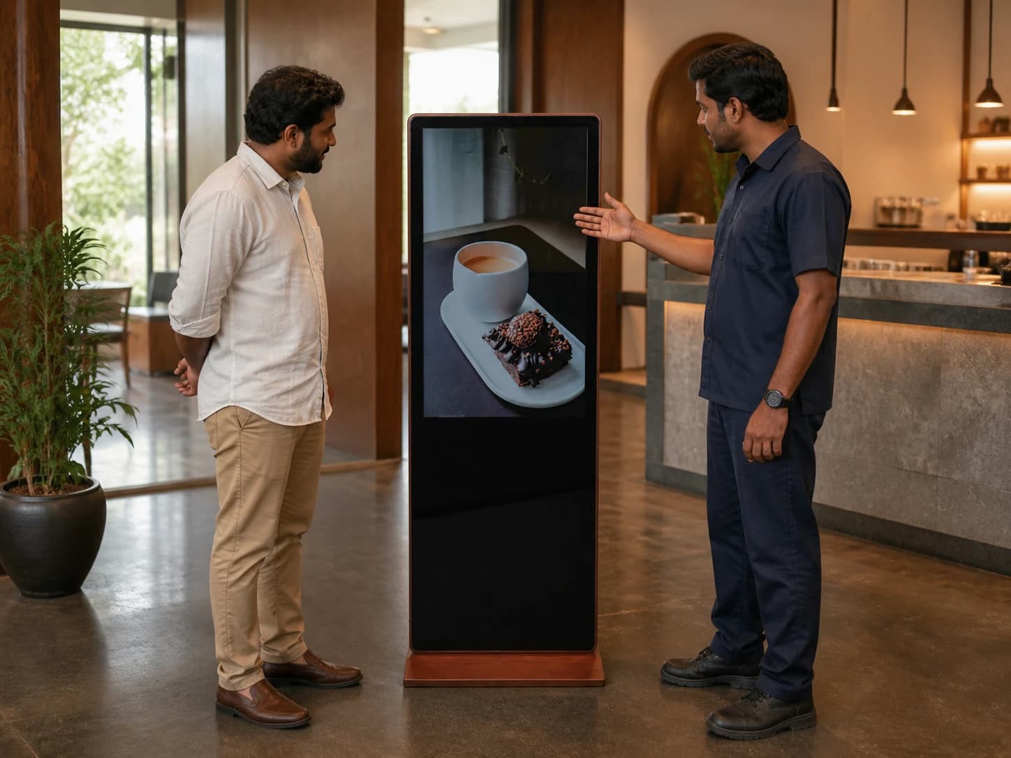 Illustrative scene: Technician demonstrating a WoodVue kiosk during a cafe handover