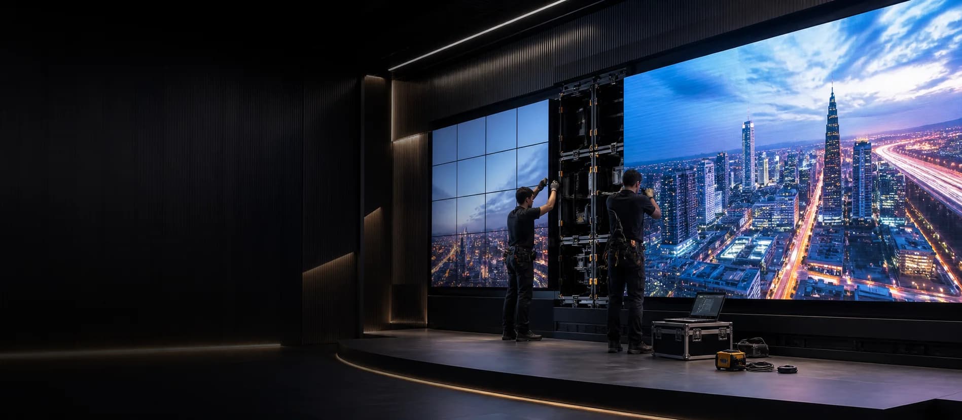Technicians installing and commissioning a large commercial LED display