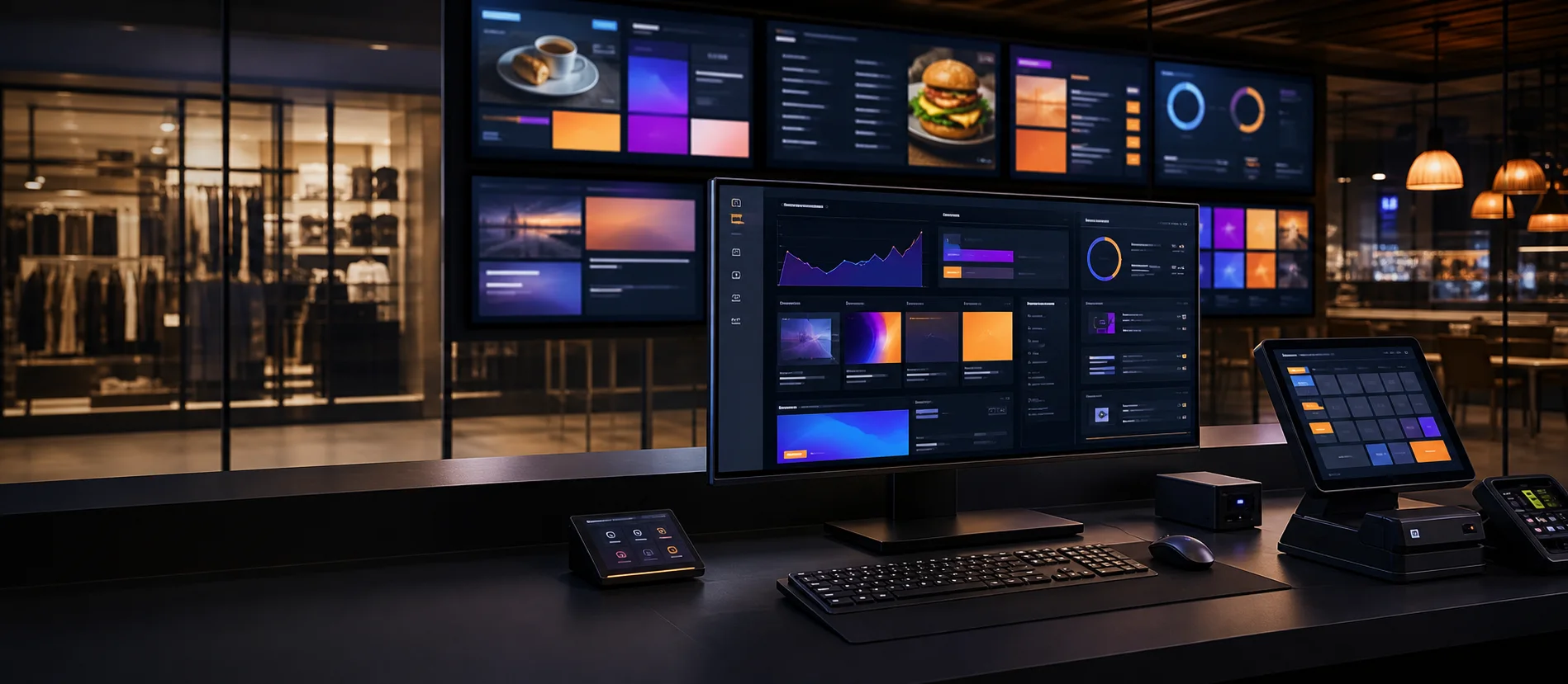 Digital signage content management and business software control workspace
