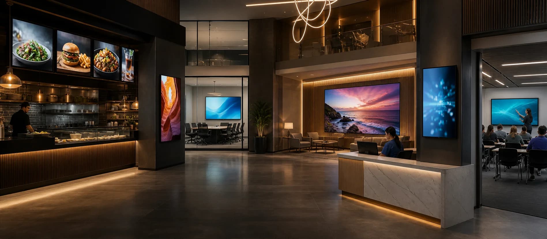 Commercial display solutions across restaurants, offices, hotels, healthcare, and education