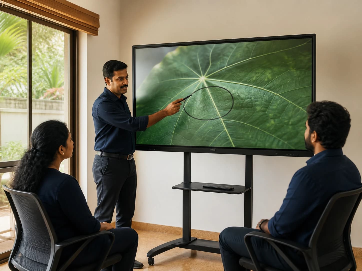 Illustrative scene: Trainer demonstrating an interactive panel to staff