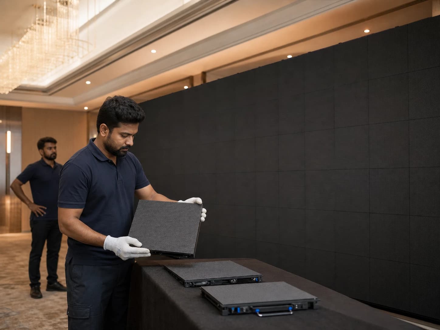 Illustrative scene: Technician inspecting an LED module during commissioning