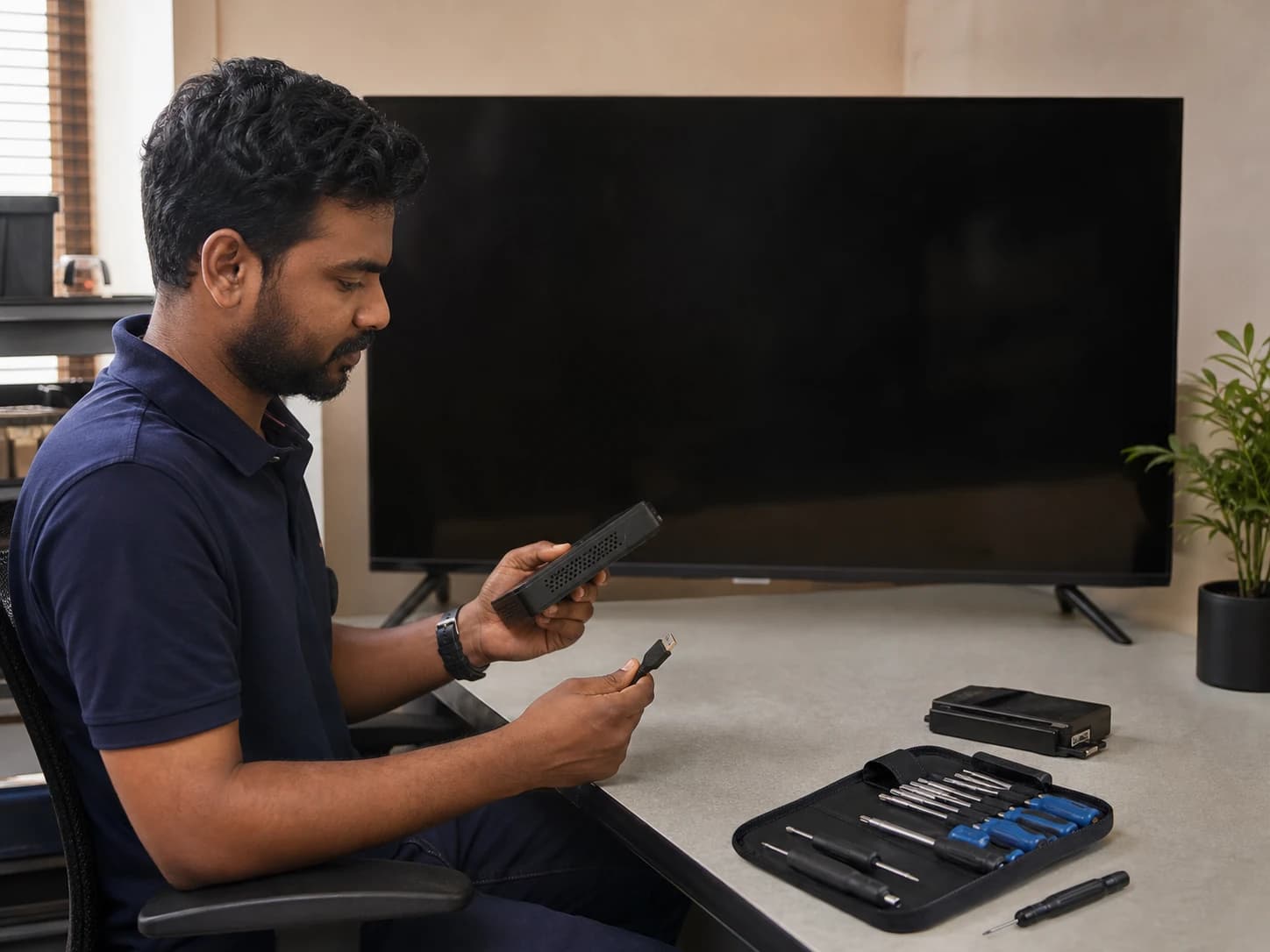 Illustrative scene: Technician inspecting a disconnected signage player and cable