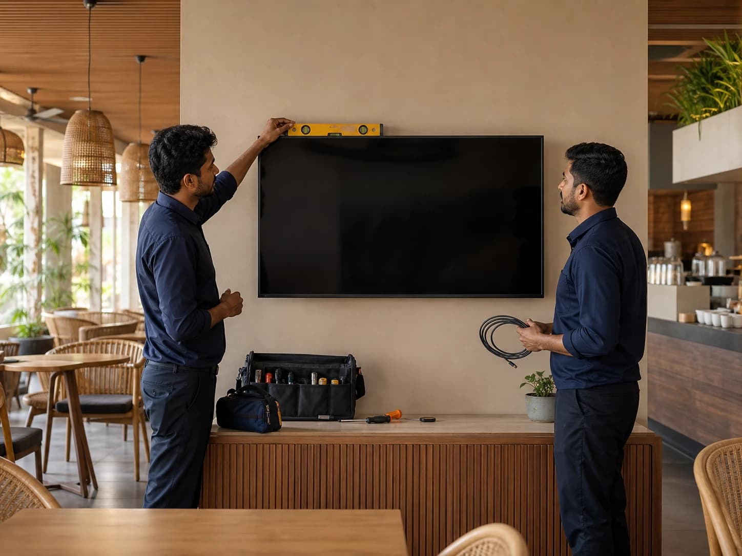 Illustrative scene of technicians checking a cafe TV installation