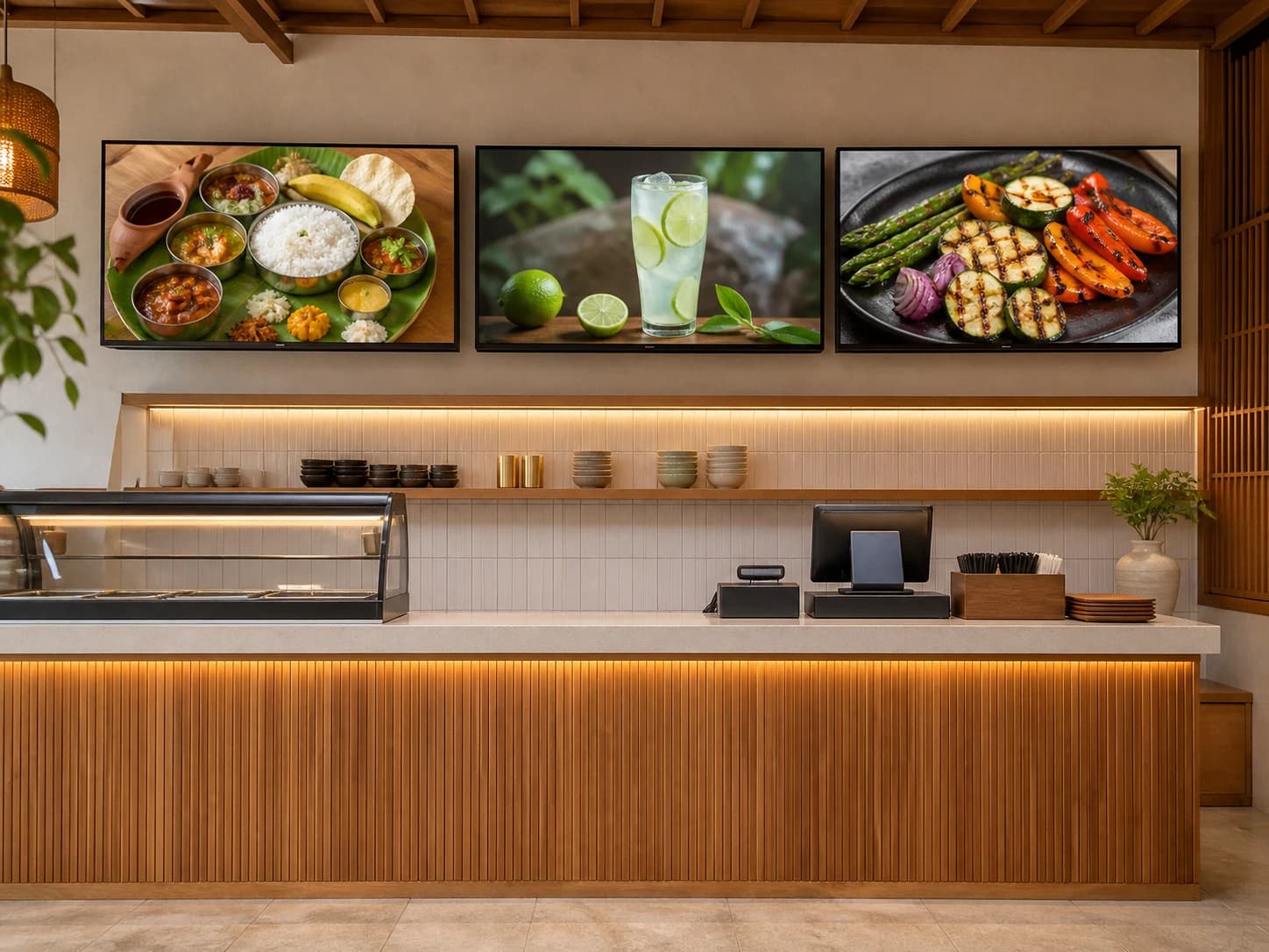 Illustrative scene: Three landscape signage TVs above a restaurant counter