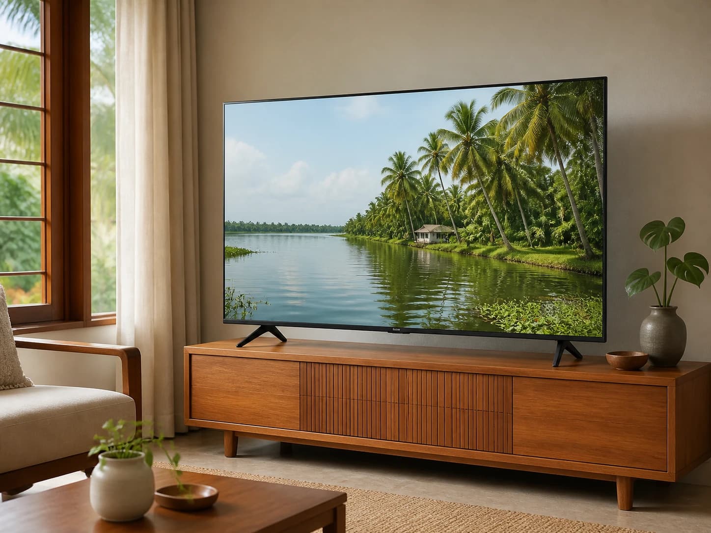 Illustrative scene: Ordinary smart TV on a wooden console in a living room