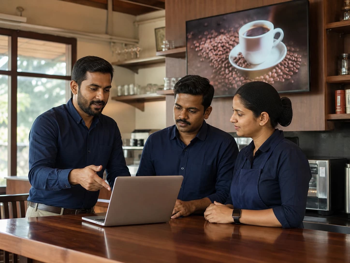 Illustrative scene: Consultant training restaurant staff around a laptop