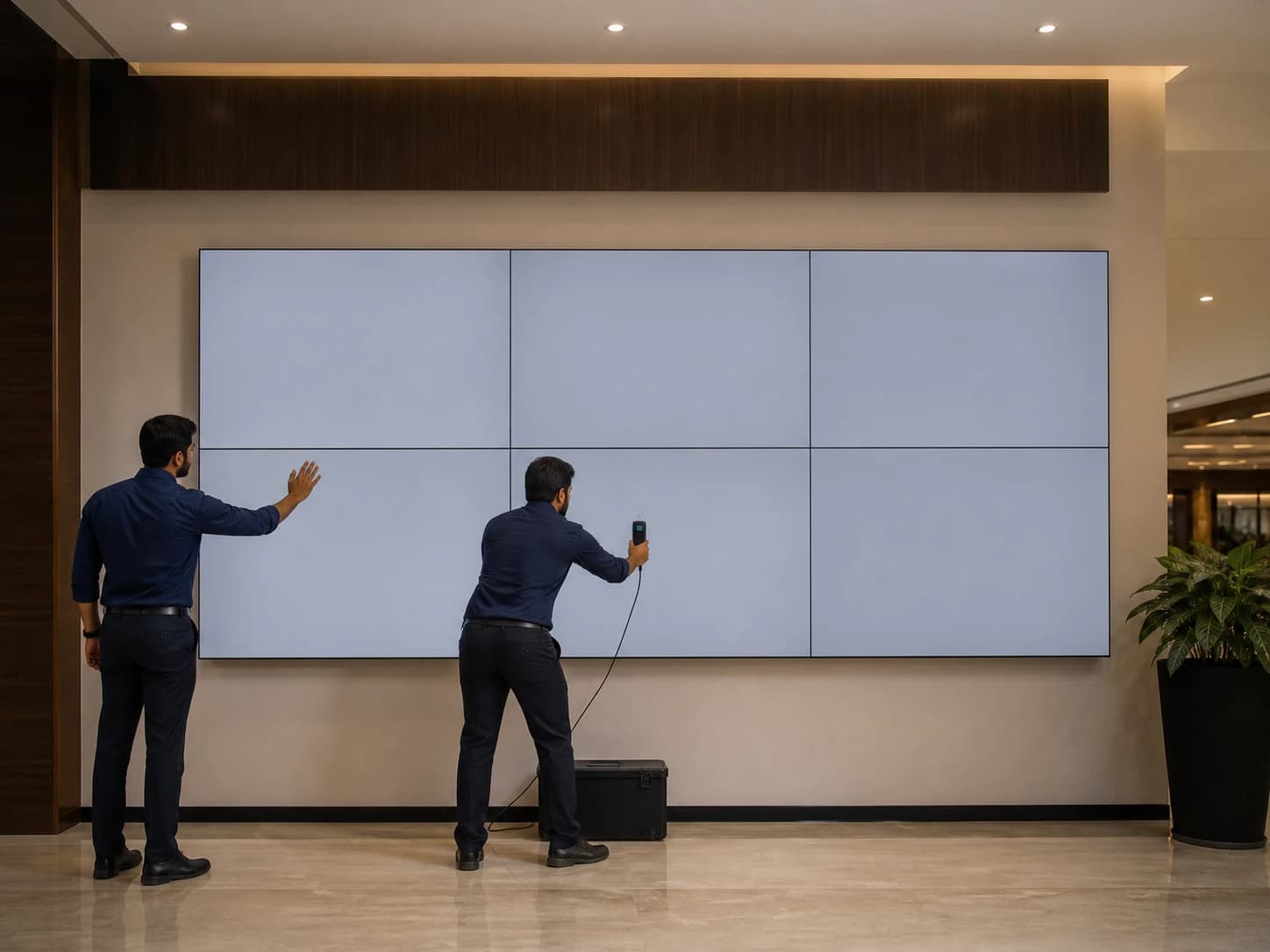 Illustrative scene: Technicians commissioning a six-panel LCD video wall