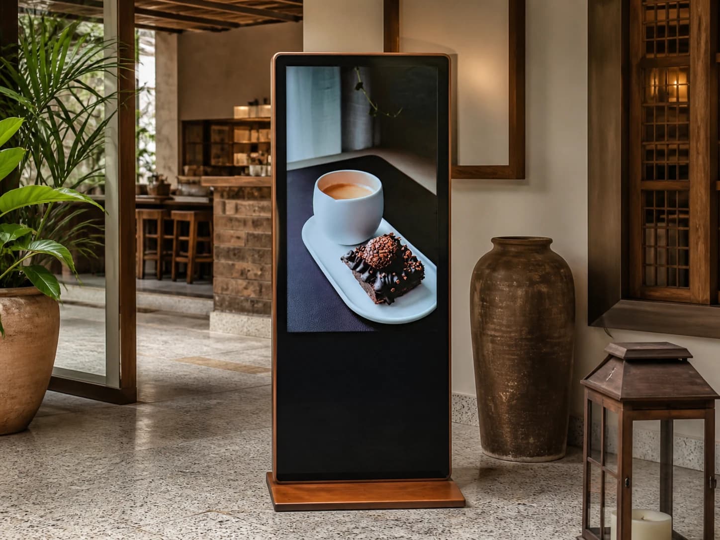 Illustrative scene: WoodVue floor-standing wooden digital advertising standee