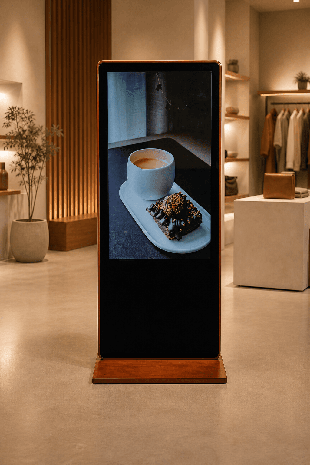 Front view of WoodVue Kiox inside a premium retail space