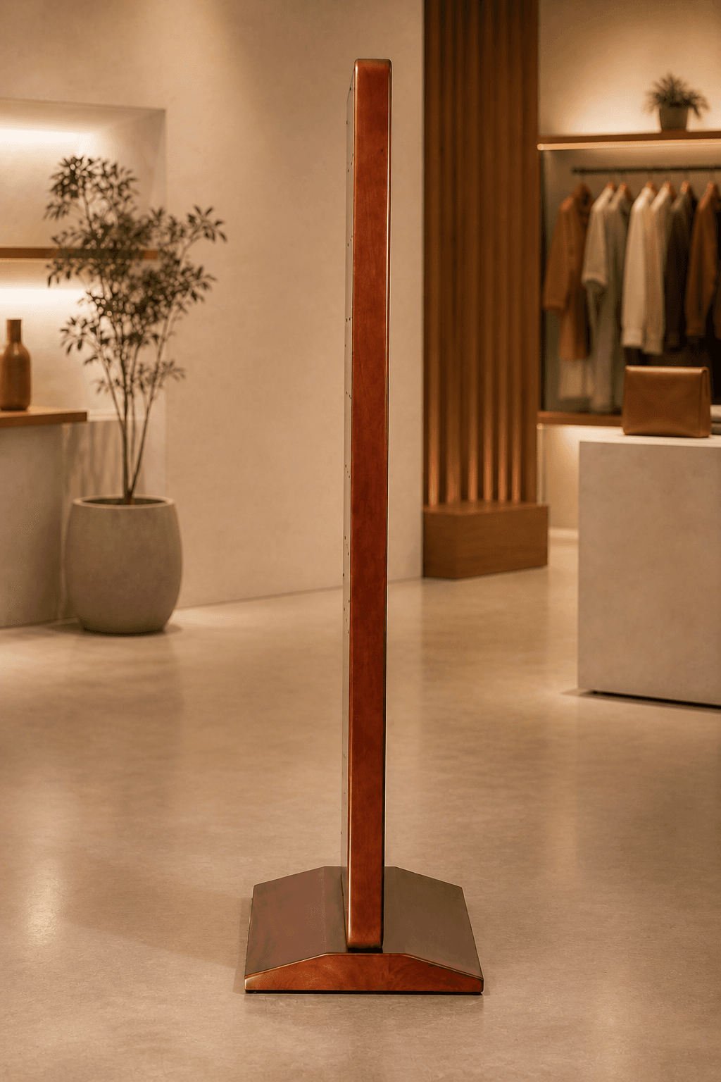 Slim side profile of the WoodVue Kiox wooden kiosk