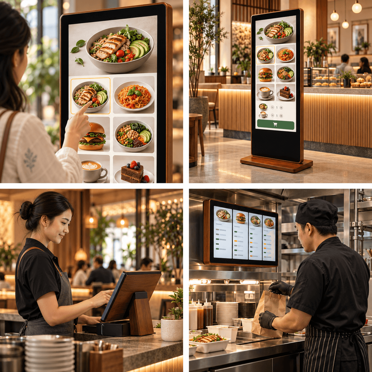 Illustrative scenes: Restaurant counter POS, customer ordering kiosk and kitchen order display