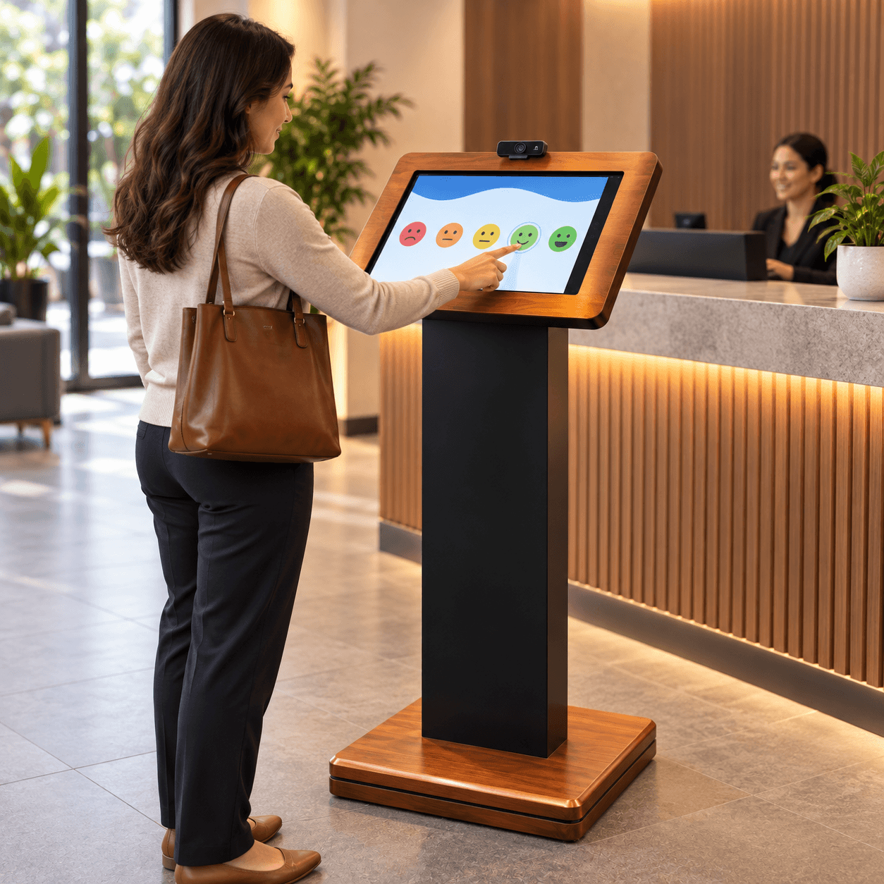 Illustrative scene: Visitor selecting a feedback rating on a reception survey kiosk