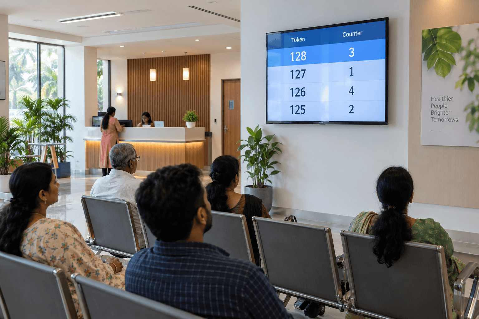 Illustrative scene: Token numbers and counters on a clinic waiting-area display